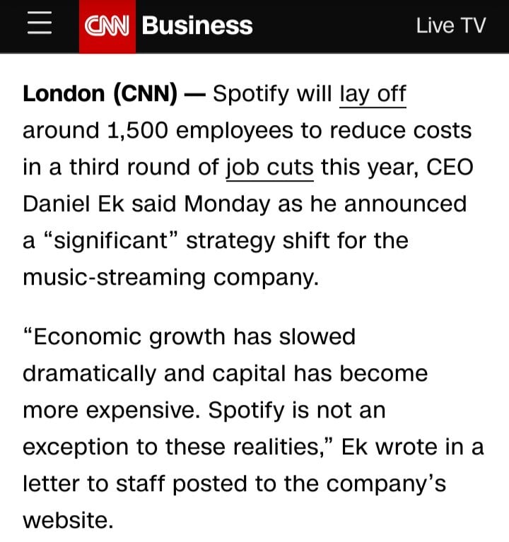 CNN article: https://edition.cnn.com/2023/12/04/tech/spotify-layoffs-third-round/index.html